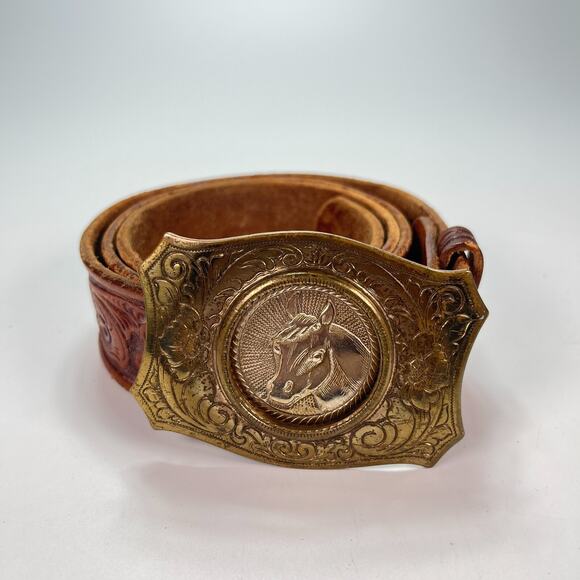 Pilgrim Vintage Western Leather Belt Horse Buckle Brown Leather 214